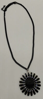 Silver Black Daisy Necklace - Gemstone- Enamel Petals - 18" w/ Pendant